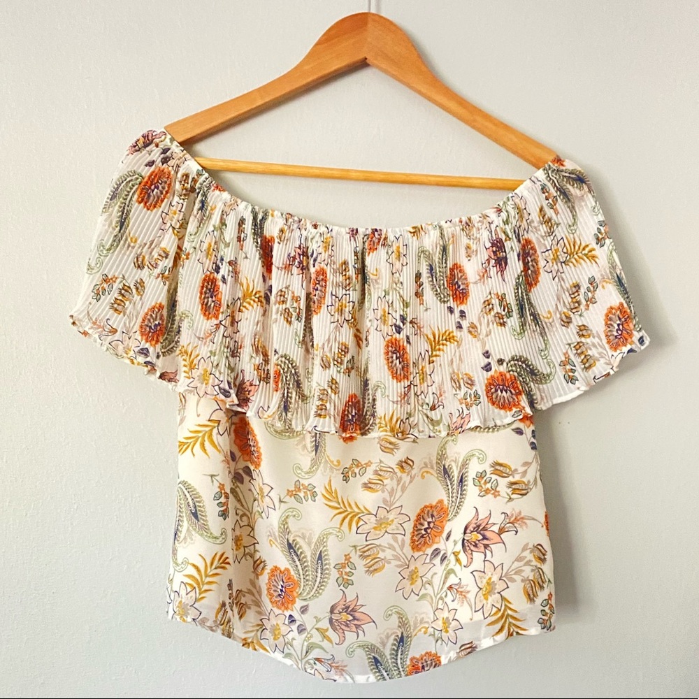 Socialite Off Shoulder Floral Top Cream Boho Ruffle Blouse Size Small